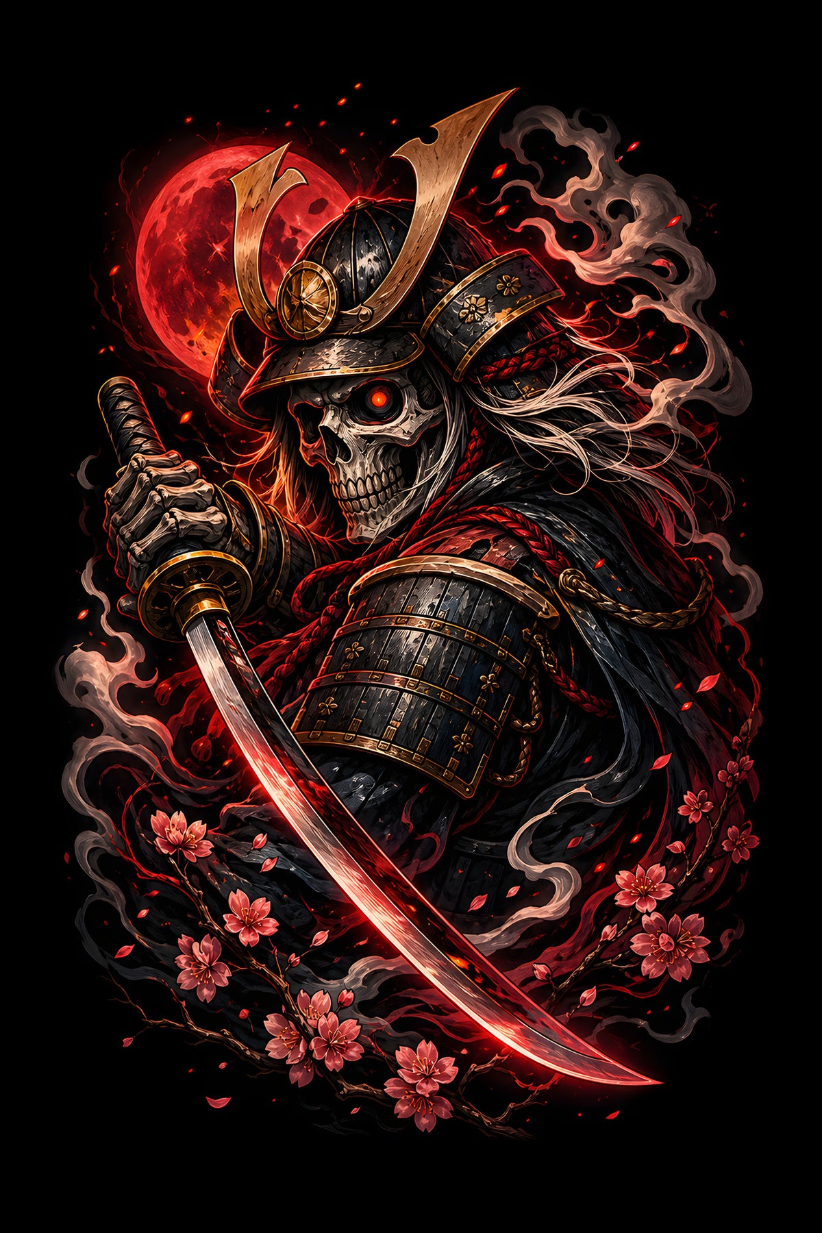 Skeleton Samurai and Red Moon - Halftone DTF transfer - Prints best on darks