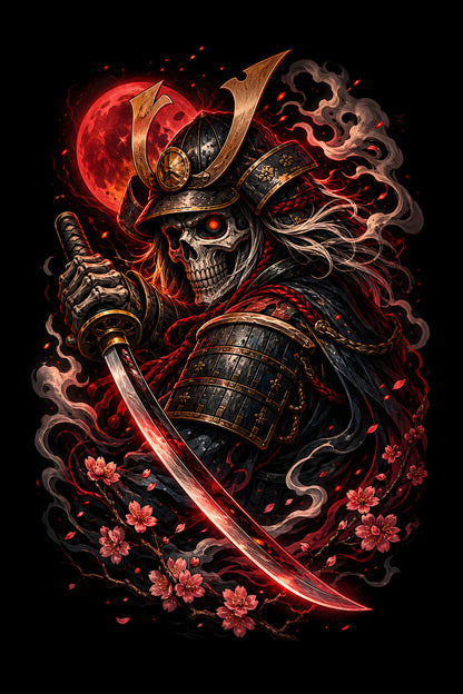 Skeleton Samurai and Red Moon - Halftone DTF transfer - Prints best on darks