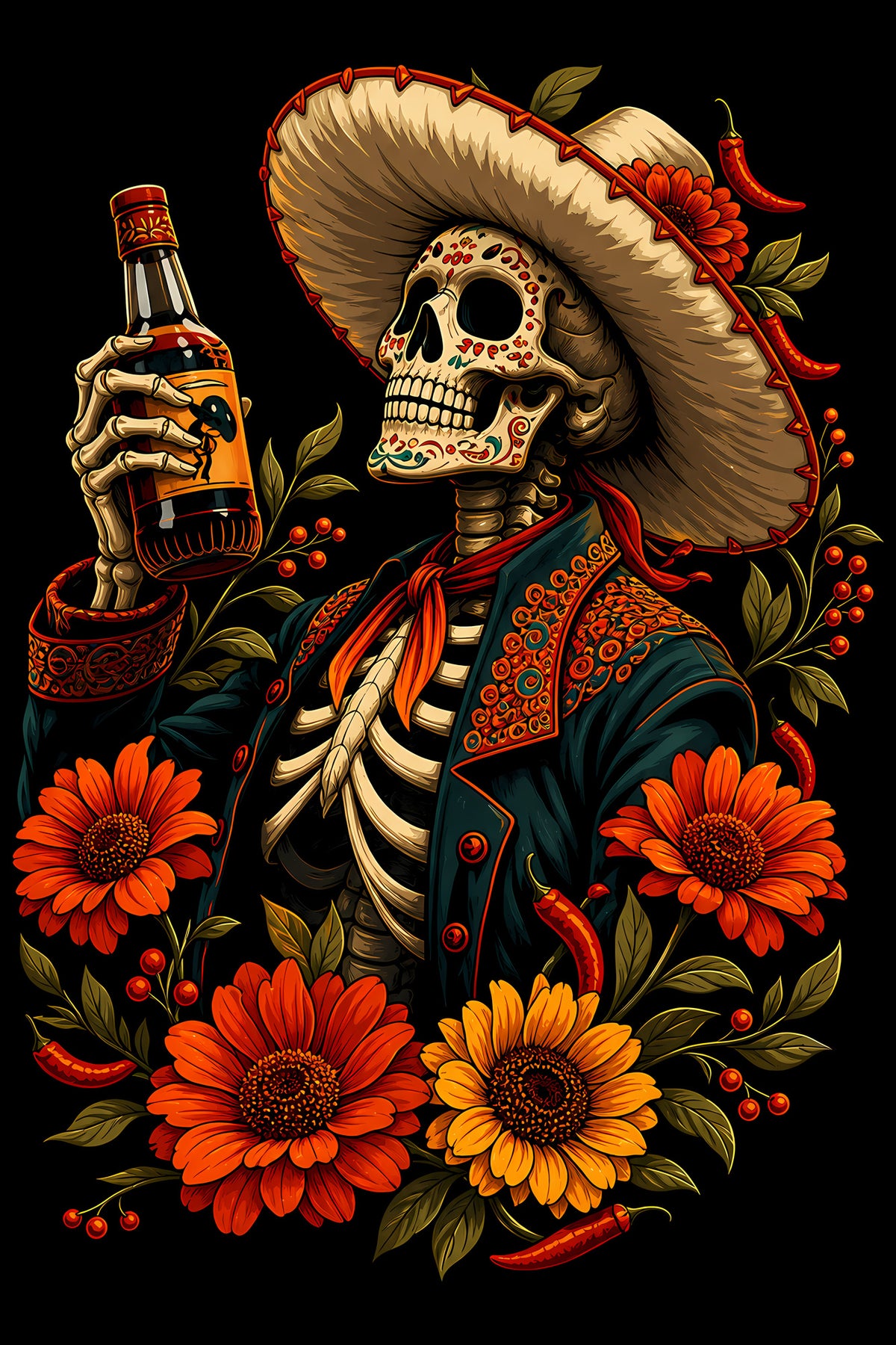 Skeleton with Tequila and Flowers - Halftone DTF transfer - Prints best on darks