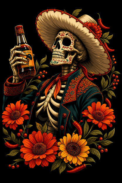Skeleton with Tequila and Flowers - Halftone DTF transfer - Prints best on darks