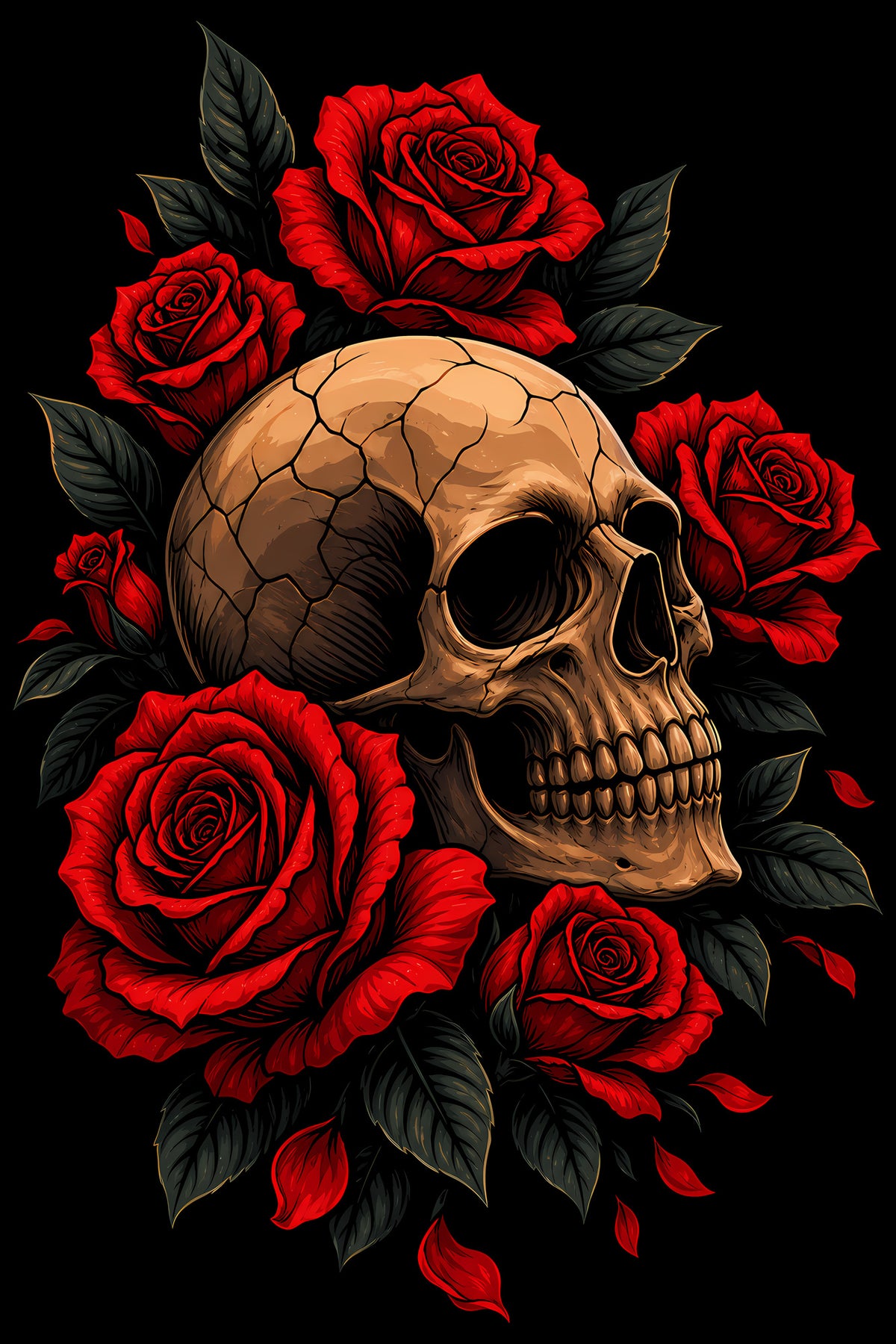 Skull and Red Roses - Halftone DTF transfer - Prints best on darks