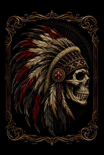 Skull in Feathered Headdress - Halftone DTF transfer - Prints best on darks
