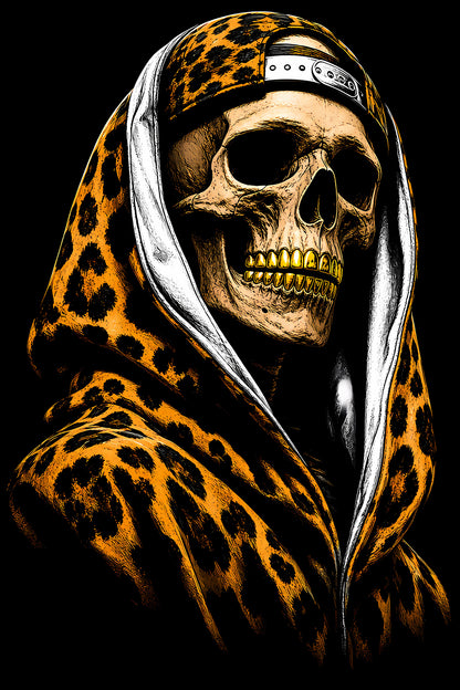 Skull in Leopard-Print Hoodie - Halftone DTF transfer - Prints best on darks