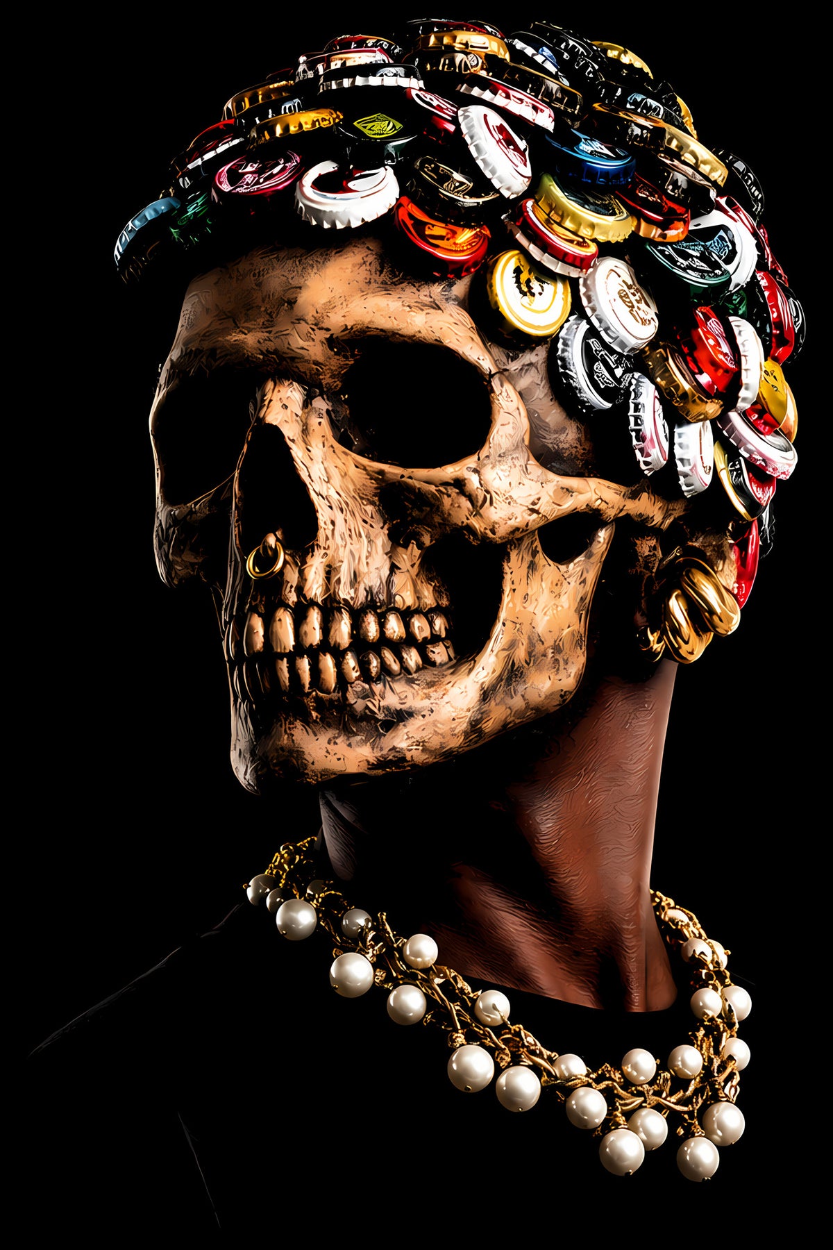 Skull with Bottle-Cap Crown and Pearls - Halftone DTF transfer - Prints best on darks