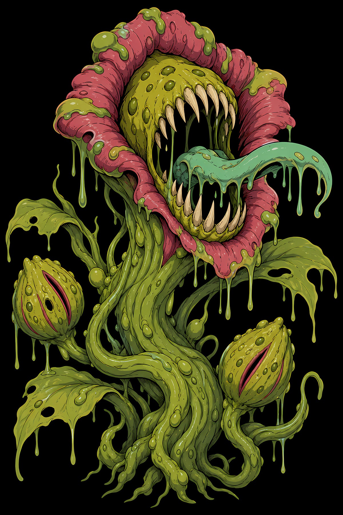 Slime-Covered Carnivorous Plant - Halftone DTF transfer - Prints best on darks