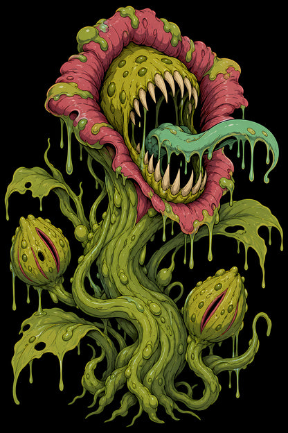 Slime-Covered Carnivorous Plant - Halftone DTF transfer - Prints best on darks