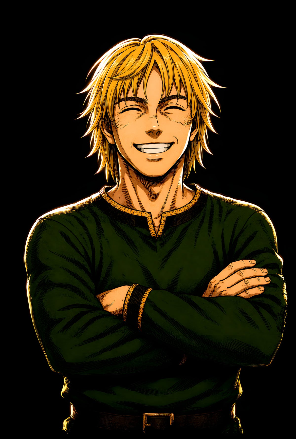 Smiling Blond Anime Hero - Halftone DTF transfer - Prints best on darks