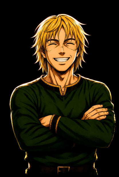 Smiling Blond Anime Hero - Halftone DTF transfer - Prints best on darks