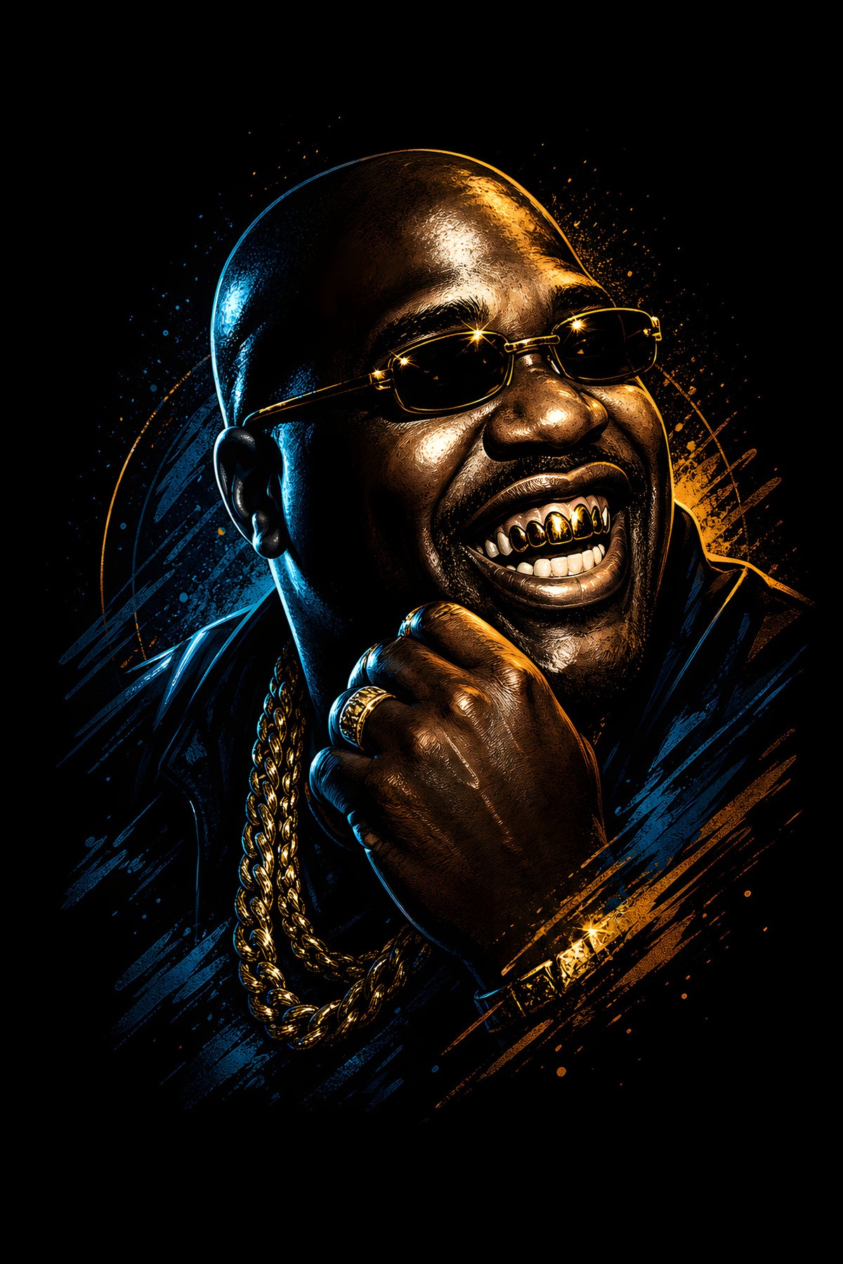 Smiling Man with Gold Teeth and Sunglasses - Halftone DTF transfer - Prints best on darks