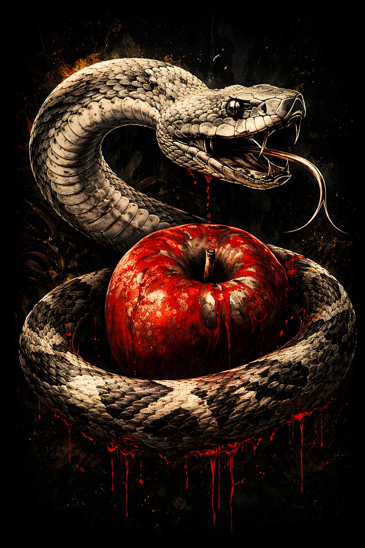 Snake and Red Apple - Halftone DTF transfer - Prints best on darks