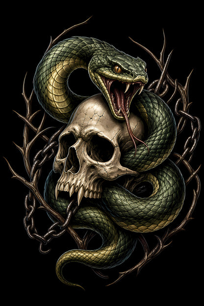 Snake Coiled Around Skull - Halftone DTF transfer - Prints best on darks