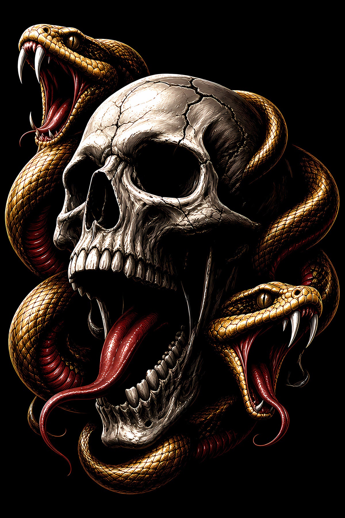 Snakes Around Open-Mouthed Skull - Halftone DTF transfer - Prints best on darks