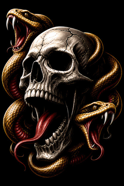 Snakes Around Open-Mouthed Skull - Halftone DTF transfer - Prints best on darks