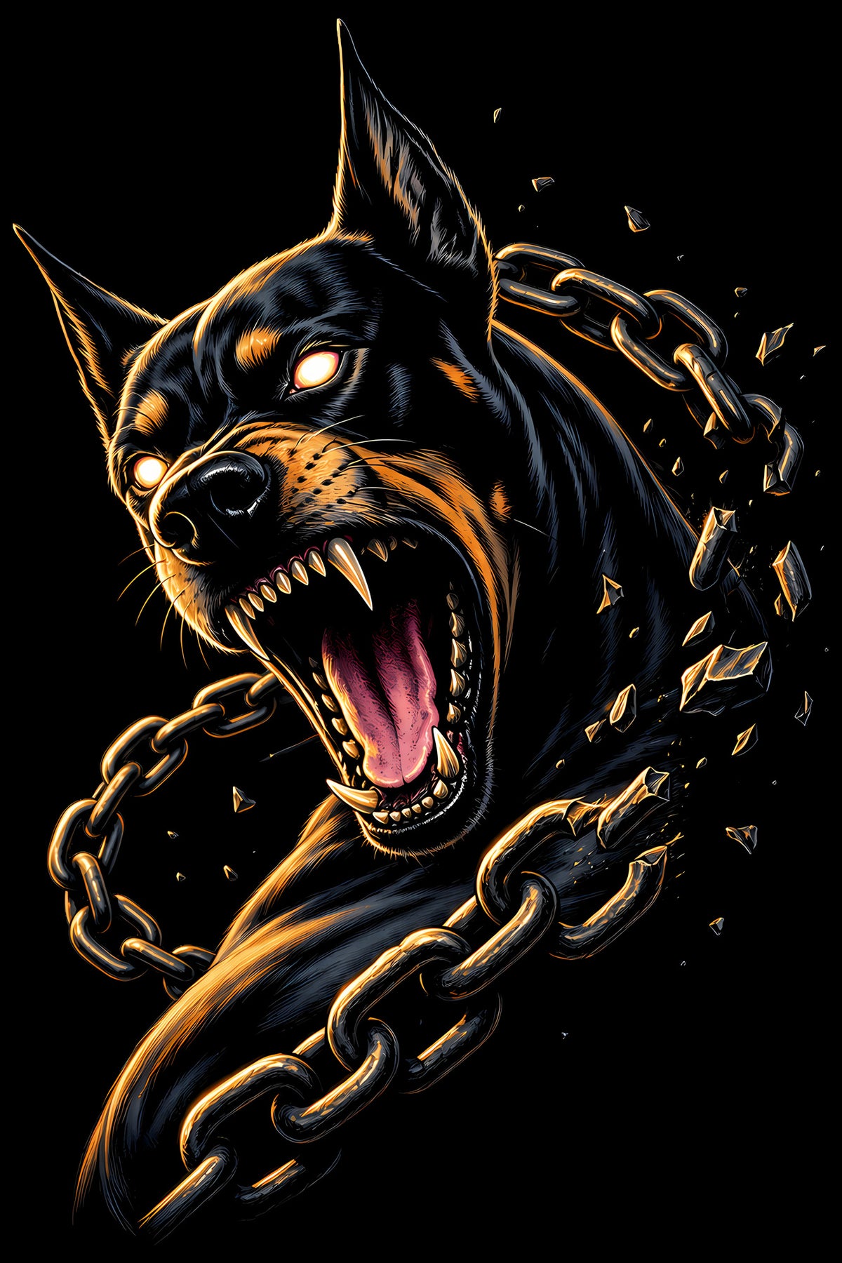 Snarling Doberman in Chains - Halftone DTF transfer - Prints best on darks