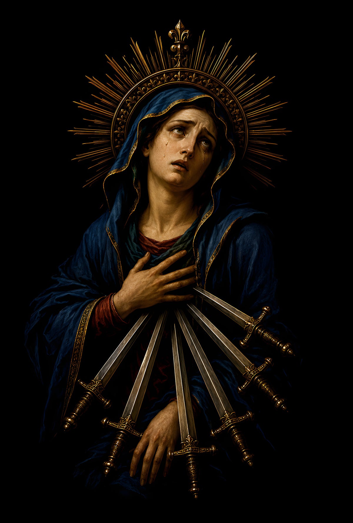 Sorrowful Virgin Mary with Swords - Halftone DTF transfer - Prints best on darks