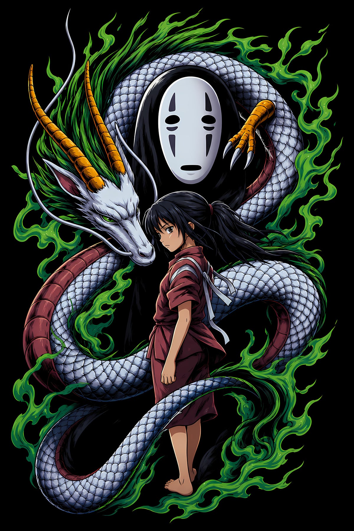 Spirited Away Dragon and No-Face - Halftone DTF transfer - Prints best on darks