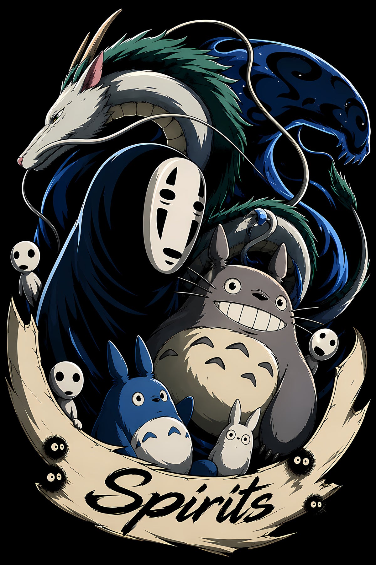 Spirits Totoro and No-Face - Halftone DTF transfer - Prints best on darks