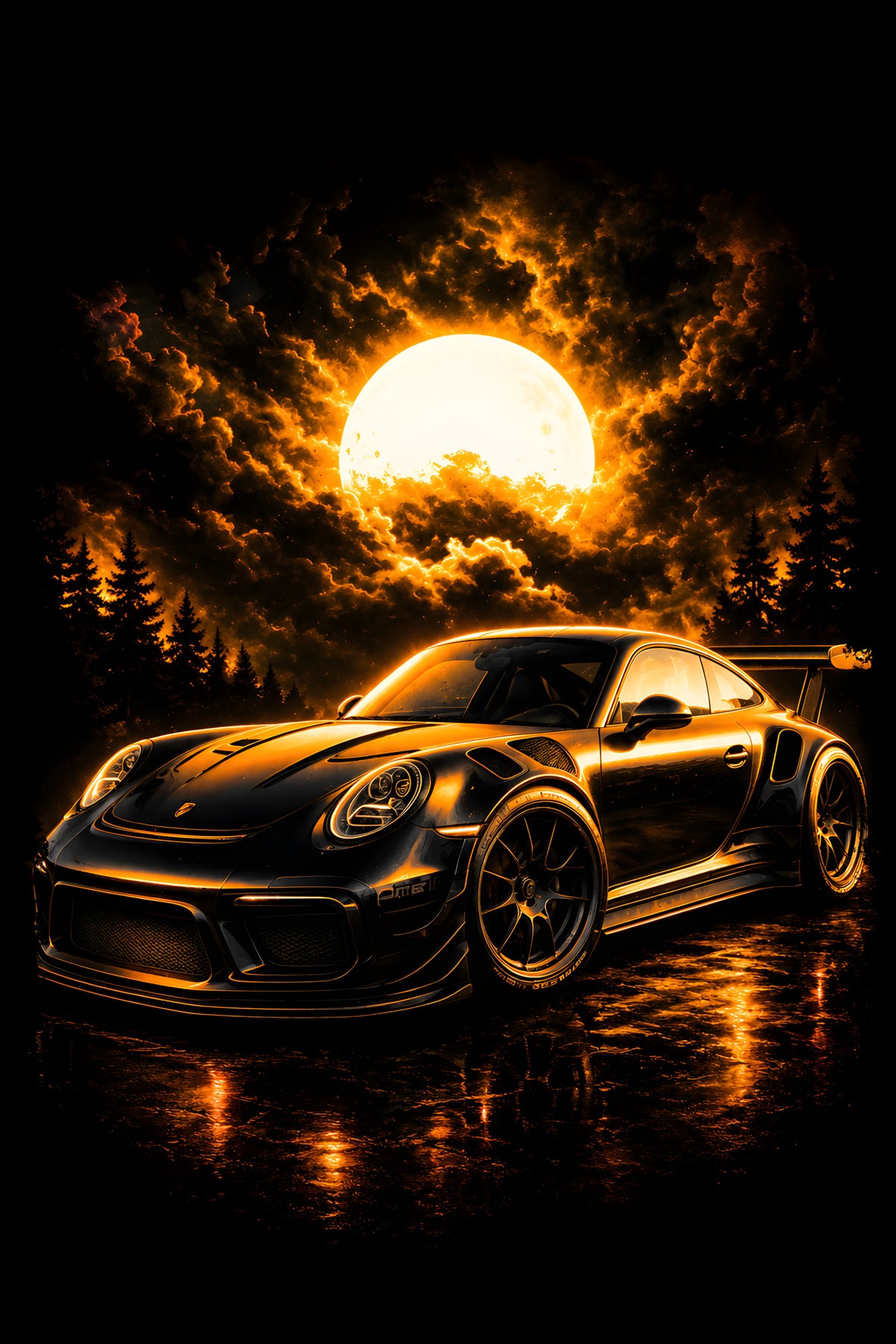 Sports Car under a Golden Moon - Halftone DTF transfer - Prints best on darks