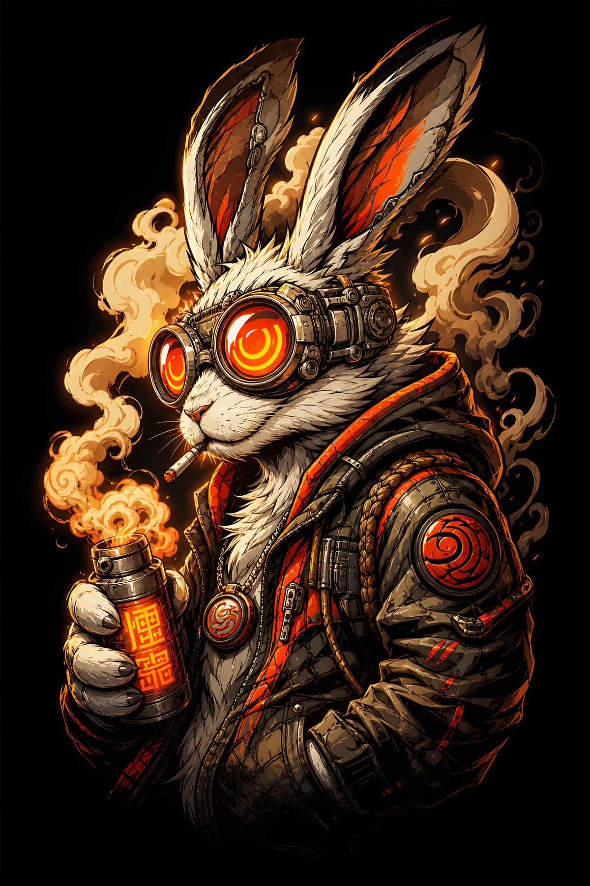 Steampunk Rabbit with Glowing Goggles halftone DTF transfer for black or dark garments