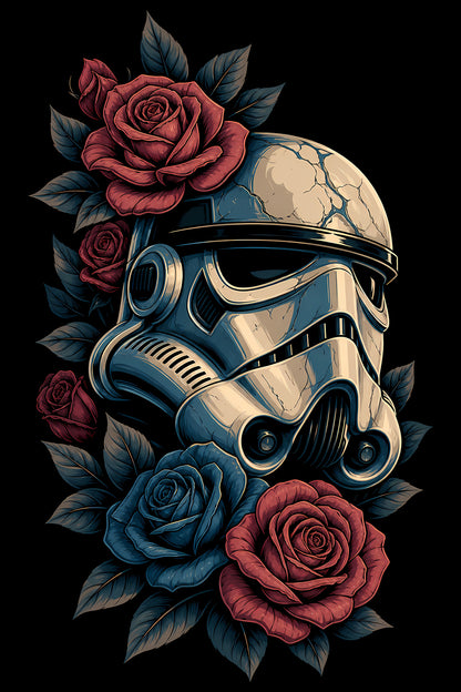 Stormtrooper Helmet and Roses - Halftone DTF transfer - Prints best on darks