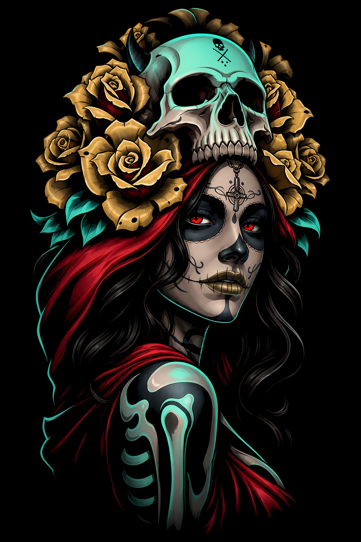 Sugar Skull Woman and Golden Roses - Halftone DTF transfer - Prints best on darks