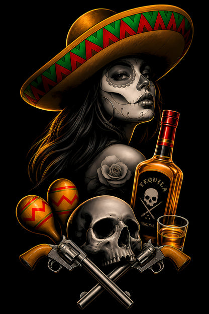 Sugar Skull Woman and Tequila - Halftone DTF transfer - Prints best on darks