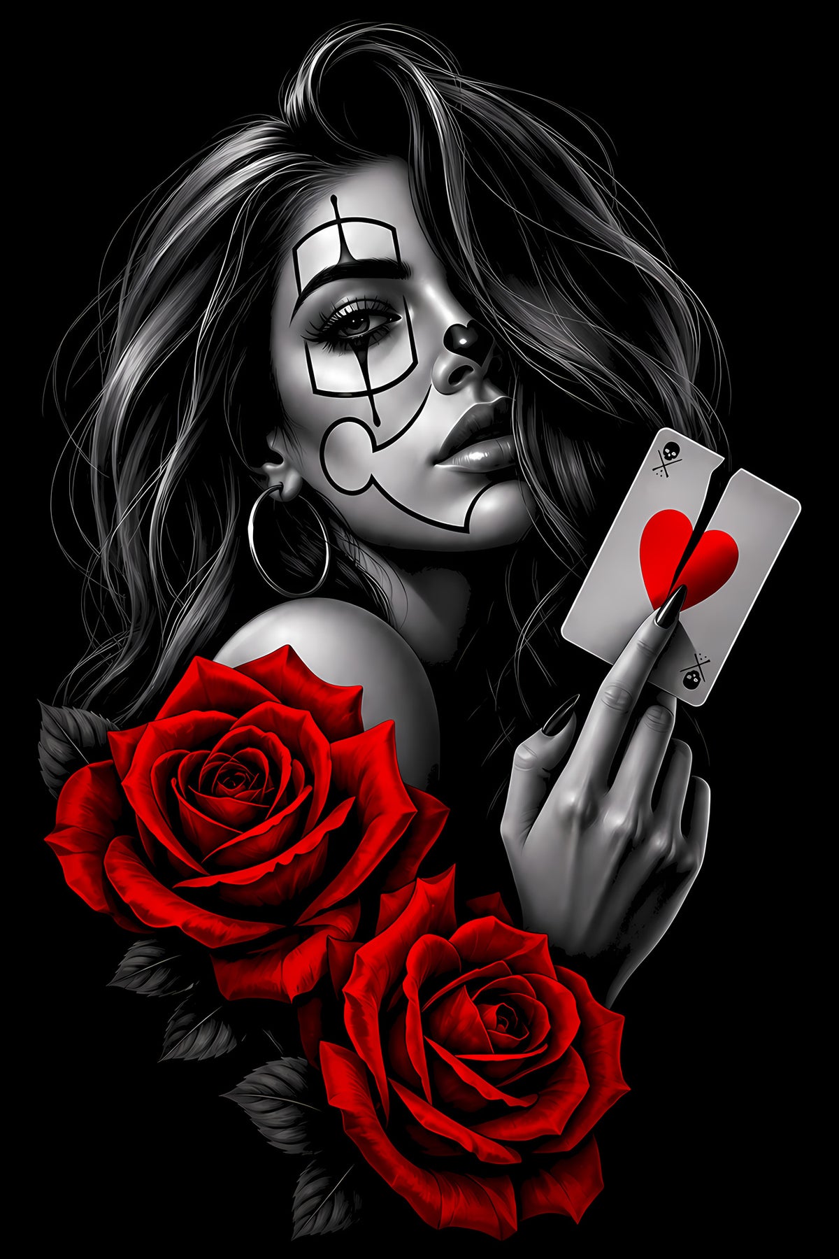 Sugar Skull Woman with Ace of Hearts - Halftone DTF transfer - Prints best on darks