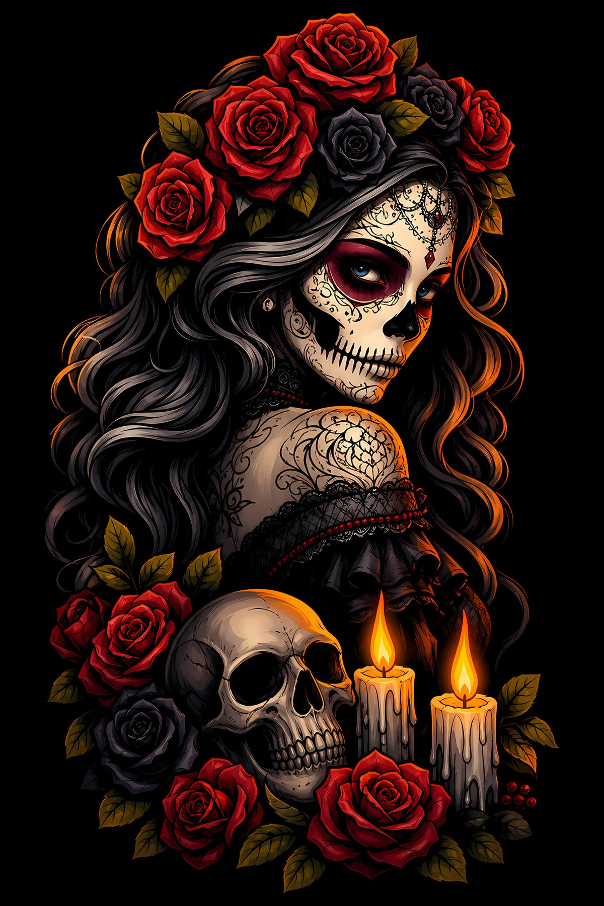 Sugar Skull Woman with Roses and Candles - Halftone DTF transfer - Prints best on darks