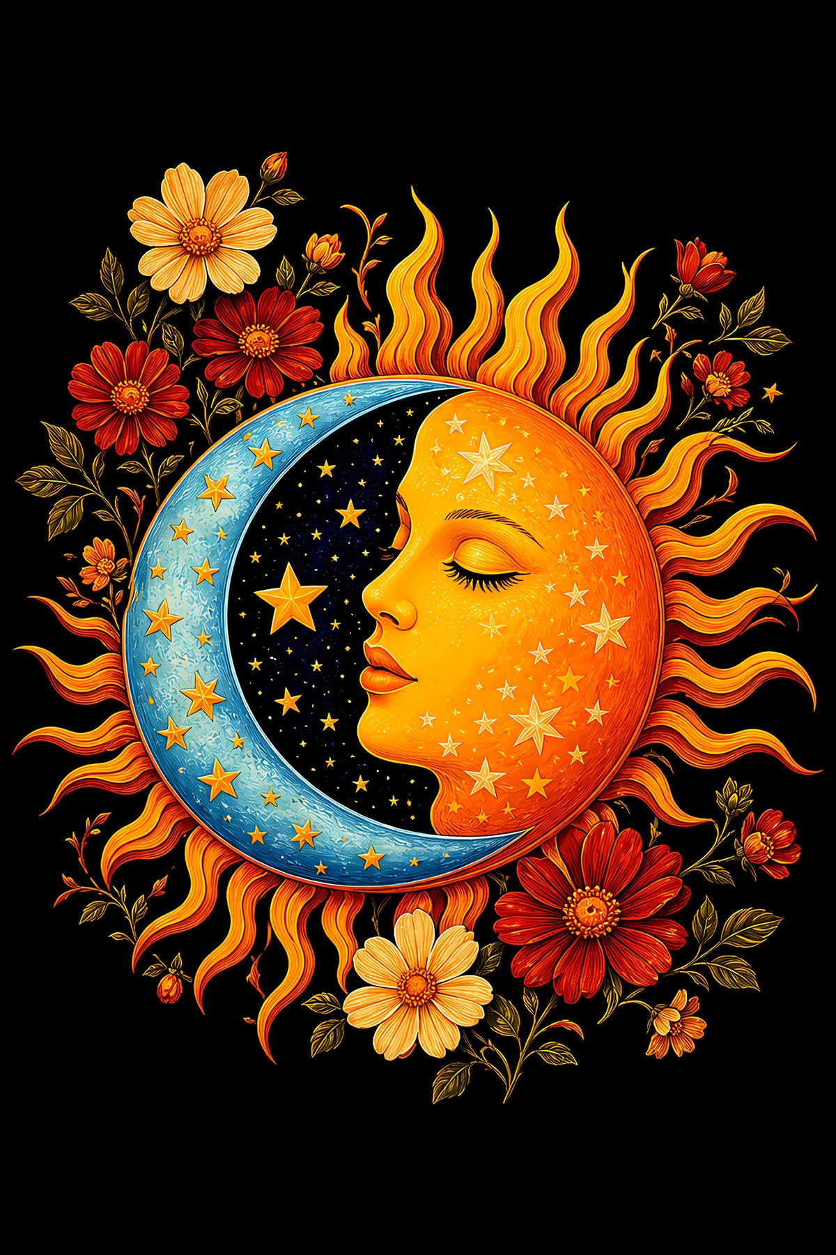 Sun and Crescent Moon with Flowers - Halftone DTF transfer - Prints best on darks