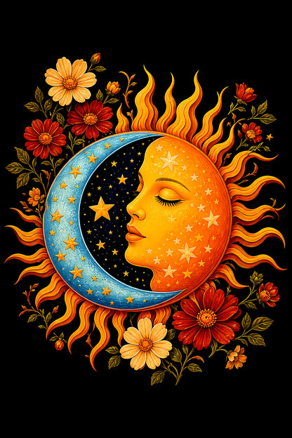 Sun and Crescent Moon with Flowers - Halftone DTF transfer - Prints best on darks