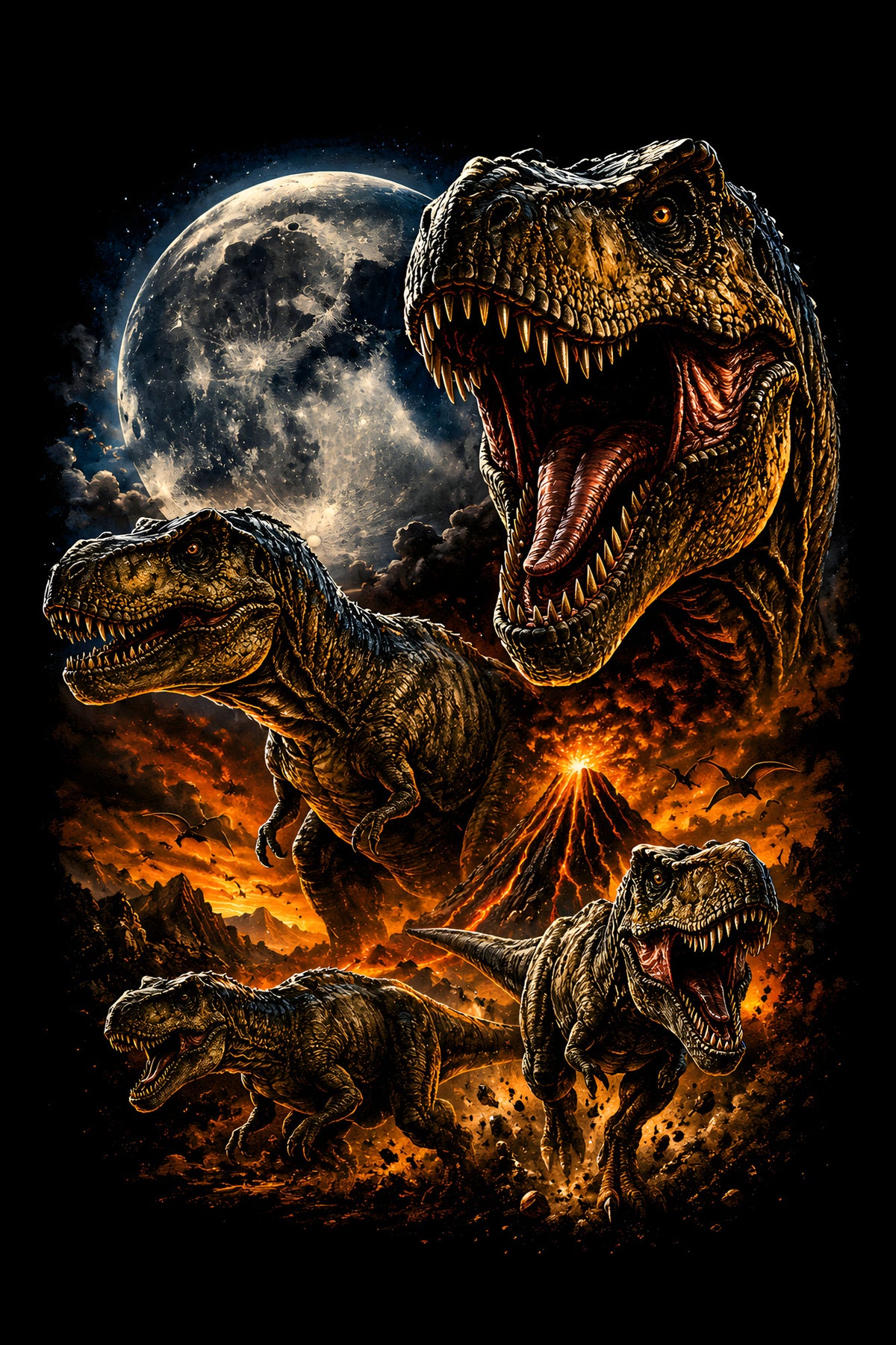T-Rex under the Full Moon - Halftone DTF transfer - Prints best on darks