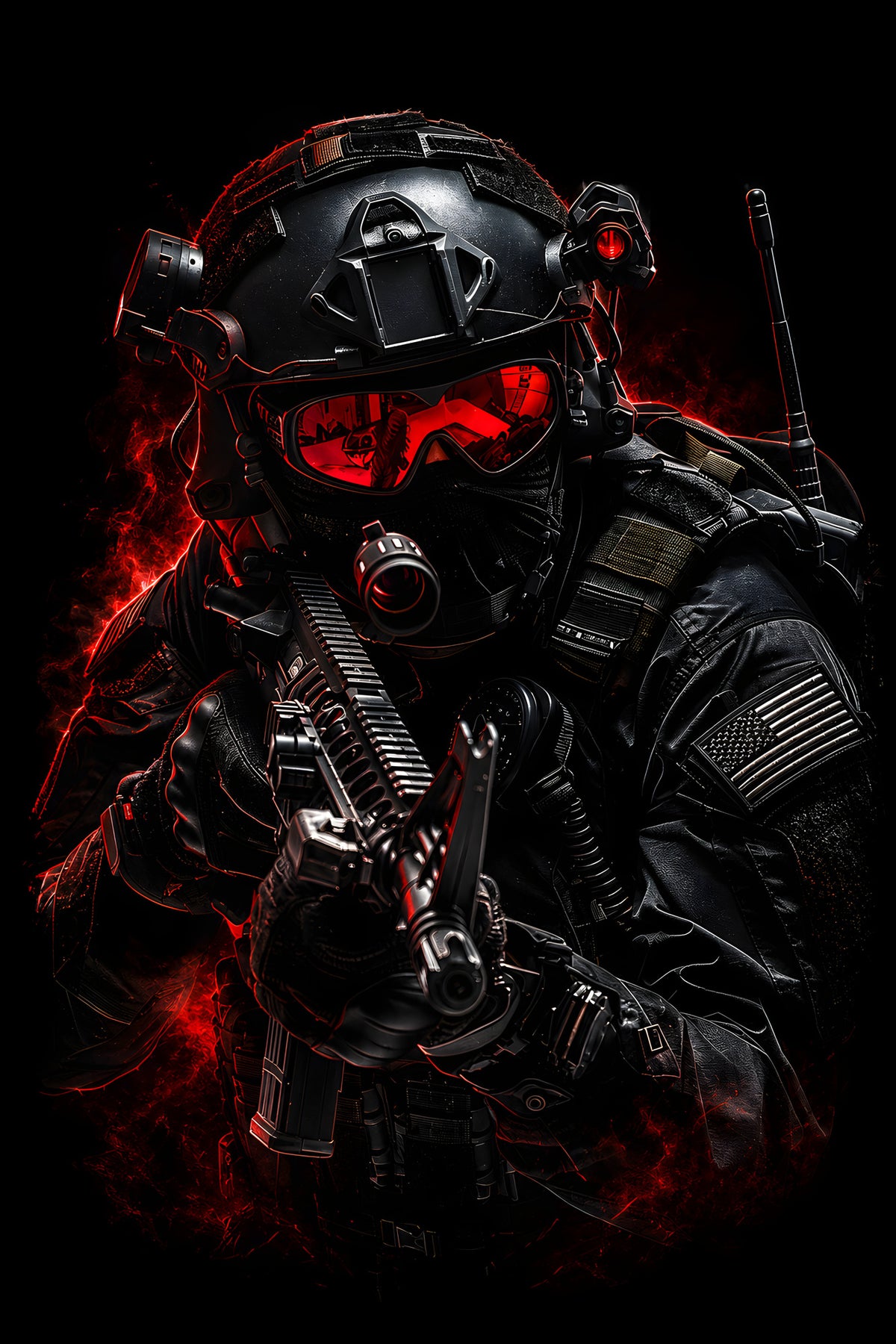 Tactical Soldier with Red Goggles - Halftone DTF transfer - Prints best on darks