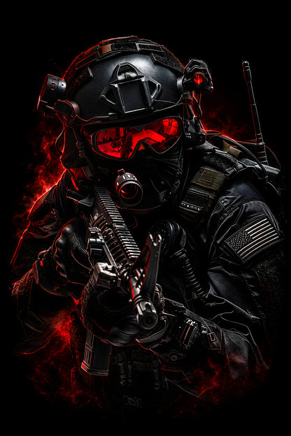 Tactical Soldier with Red Goggles - Halftone DTF transfer - Prints best on darks