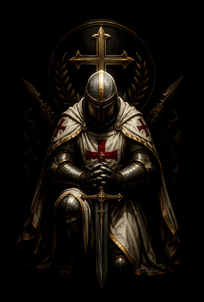 Templar Knight at Prayer - Halftone DTF transfer - Prints best on darks
