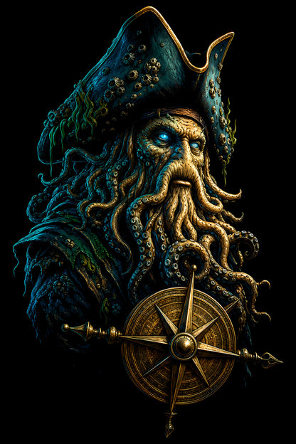 Tentacled Pirate Captain - Halftone DTF transfer - Prints best on darks