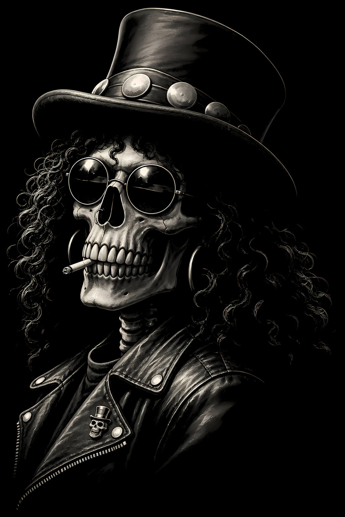 Top-Hatted Rocker Skeleton - Halftone DTF transfer - Prints best on darks