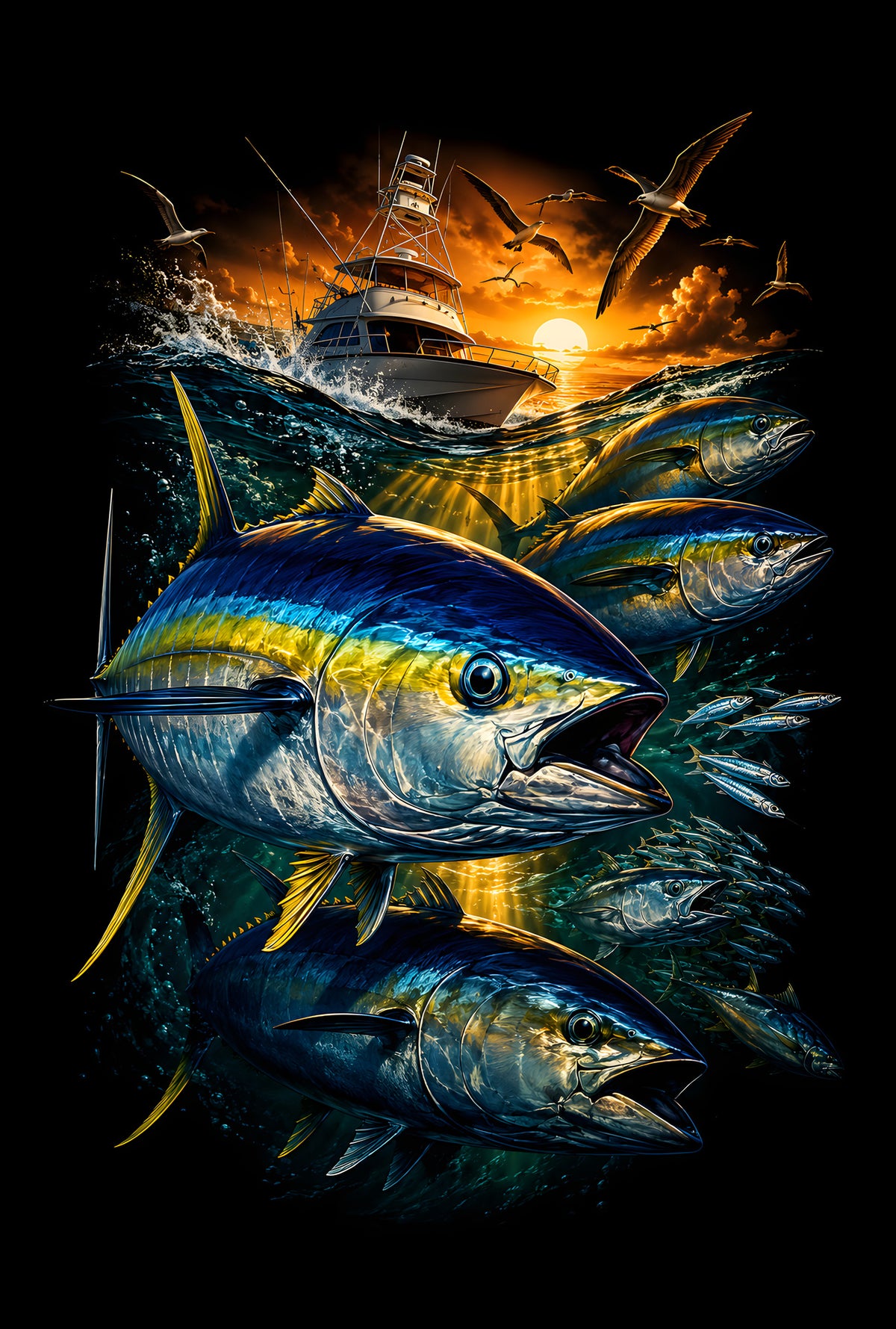Tuna Fishing at Sunset - Halftone DTF transfer - Prints best on darks