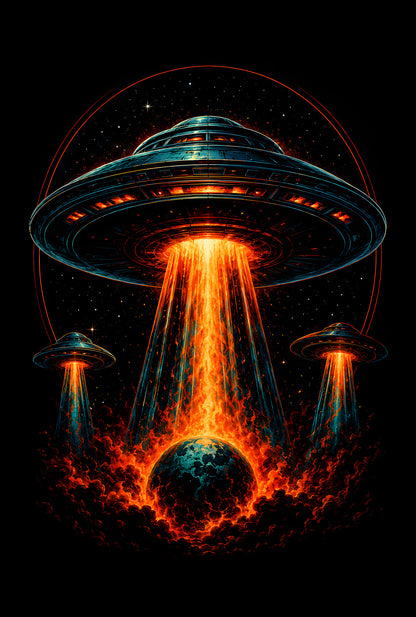 UFO Earth Abduction - Halftone DTF transfer - Prints best on darks