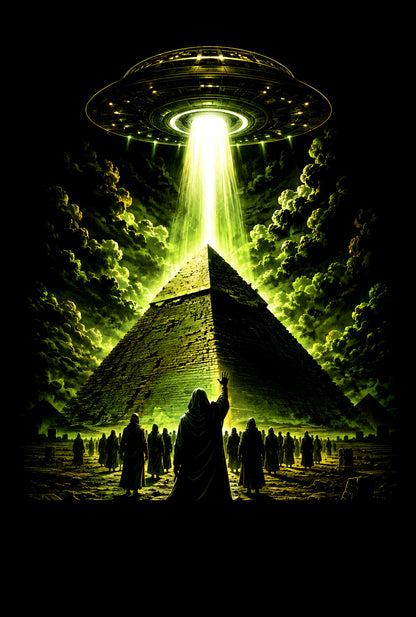 UFO over Ancient Pyramid - Halftone DTF transfer - Prints best on darks