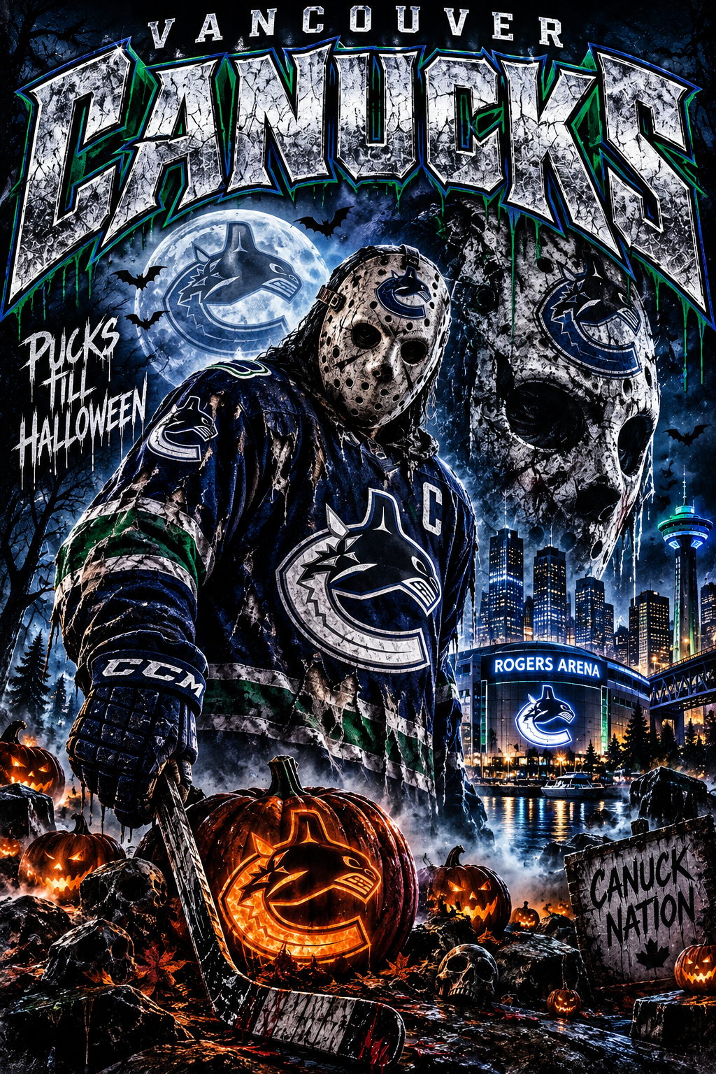 Vancouver Canucks Pucks Till Halloween - Halftone DTF Transfer - Prints best on darks