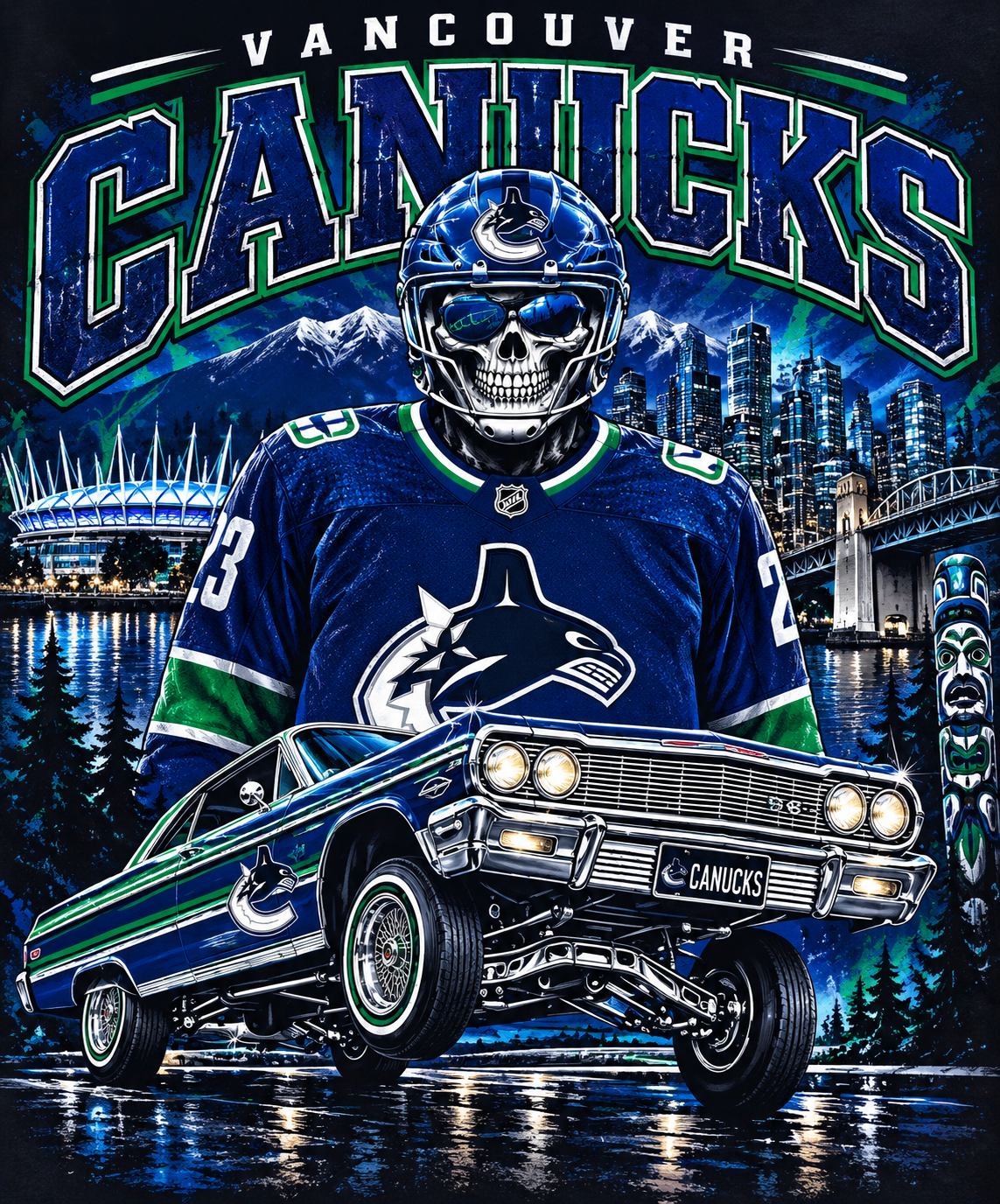 Vancouver Canucks Skull and Lowrider - Halftone DTF Transfer - Prints best on darks