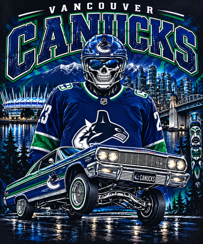 Vancouver Canucks Skull and Lowrider - Halftone DTF Transfer - Prints best on darks
