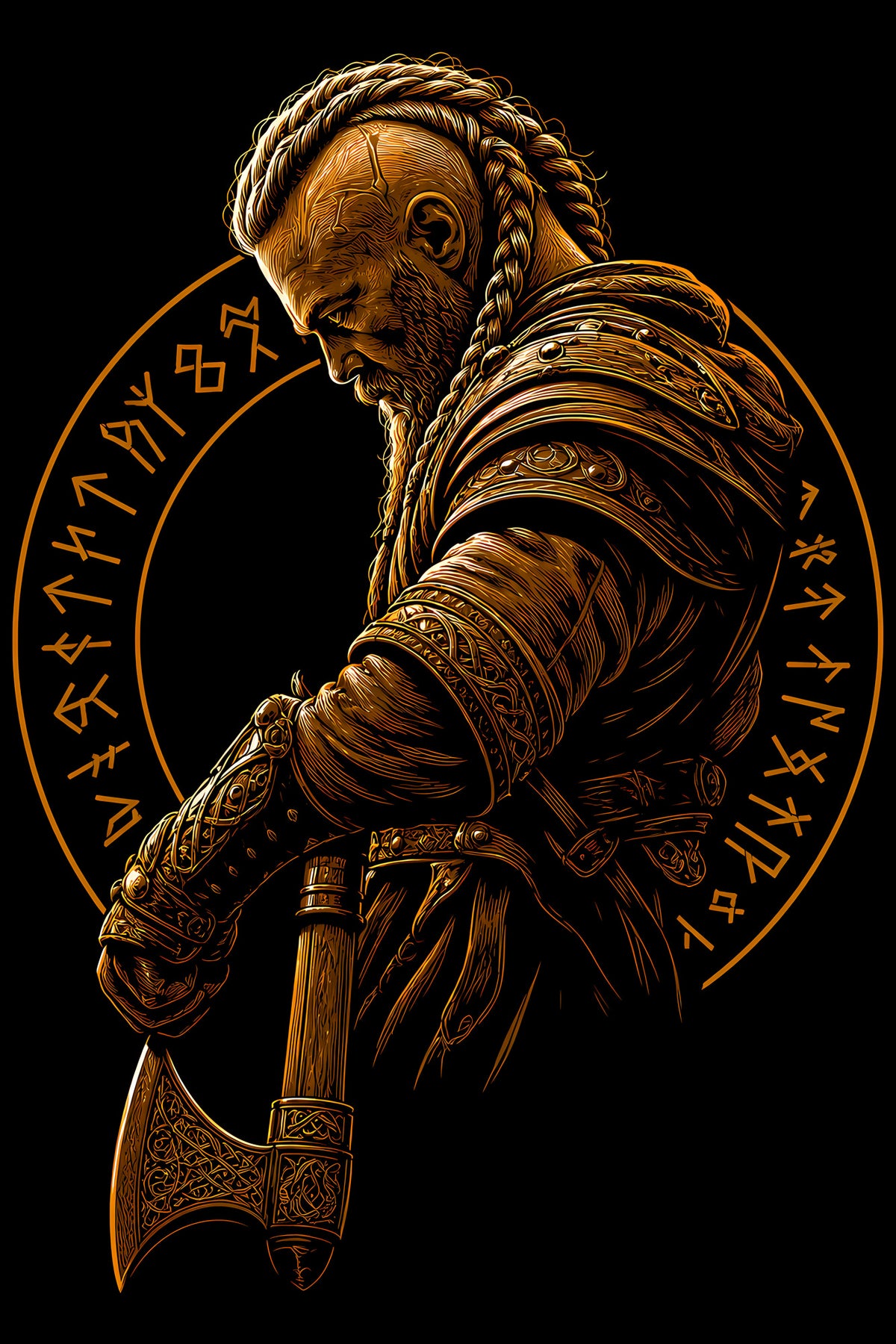 Viking Warrior with Axe - Halftone DTF transfer - Prints best on darks