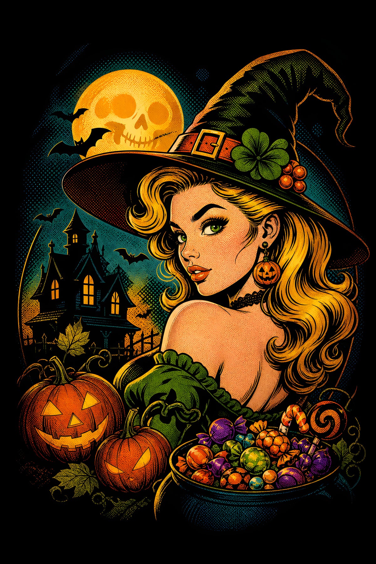 Vintage Halloween Witch with Pumpkins and Candy halftone DTF transfer for black or dark garments