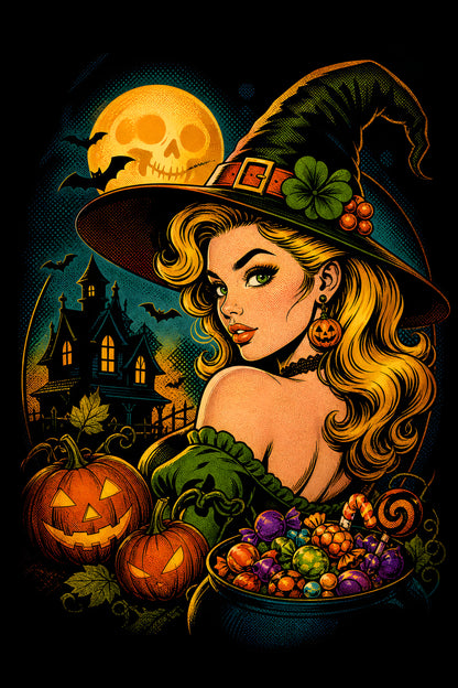 Vintage Halloween Witch with Pumpkins and Candy halftone DTF transfer for black or dark garments