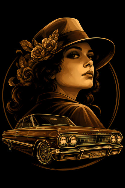 Vintage Woman and Gold Lowrider - Halftone DTF transfer - Prints best on darks