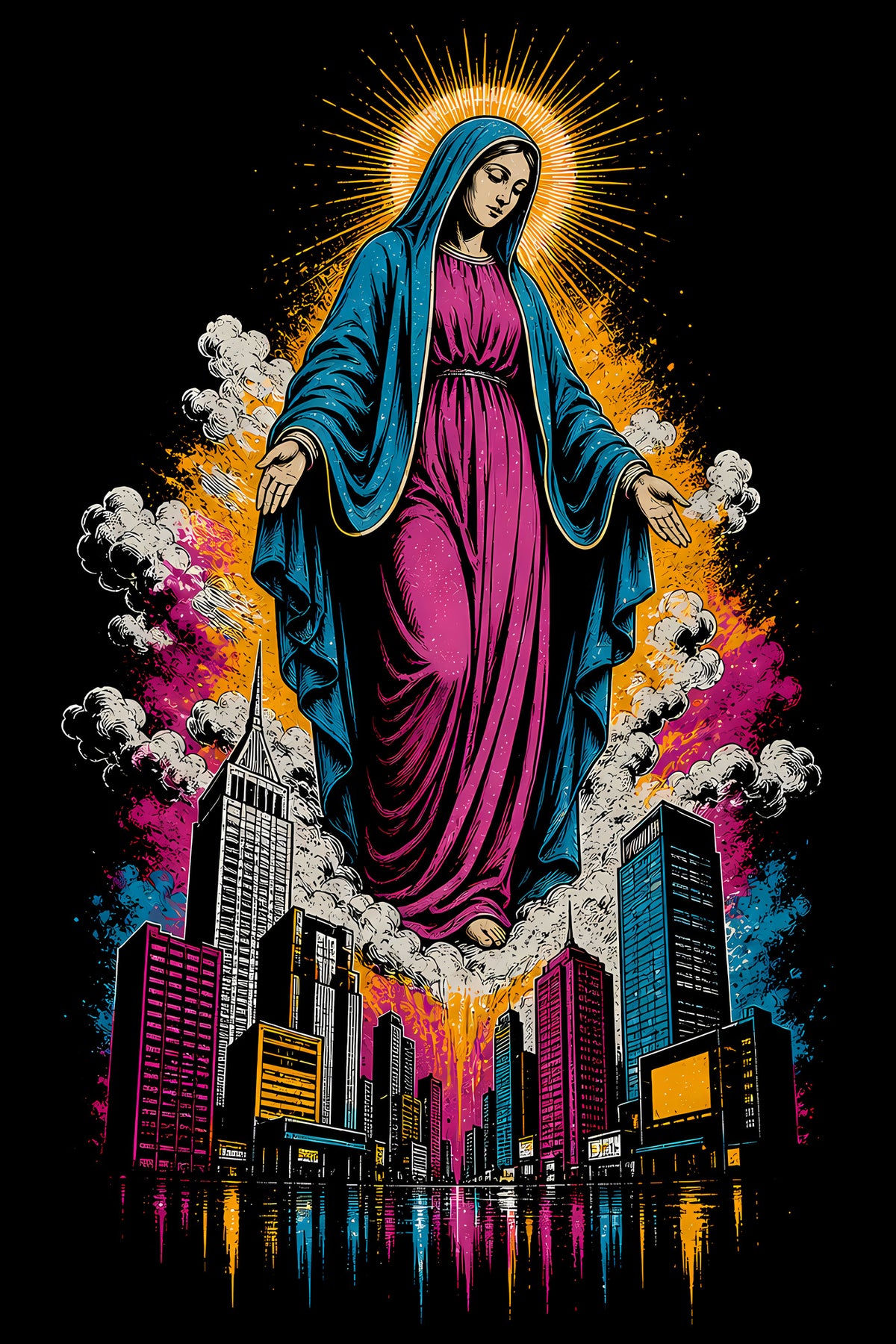 Virgin Mary over Colourful City - Halftone DTF transfer - Prints best on darks