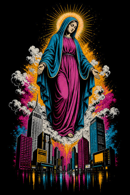 Virgin Mary over Colourful City - Halftone DTF transfer - Prints best on darks