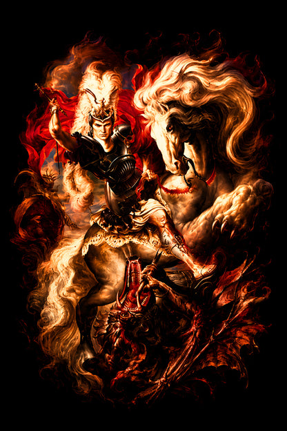 Warrior on a Flaming Horse - Halftone DTF transfer - Prints best on darks