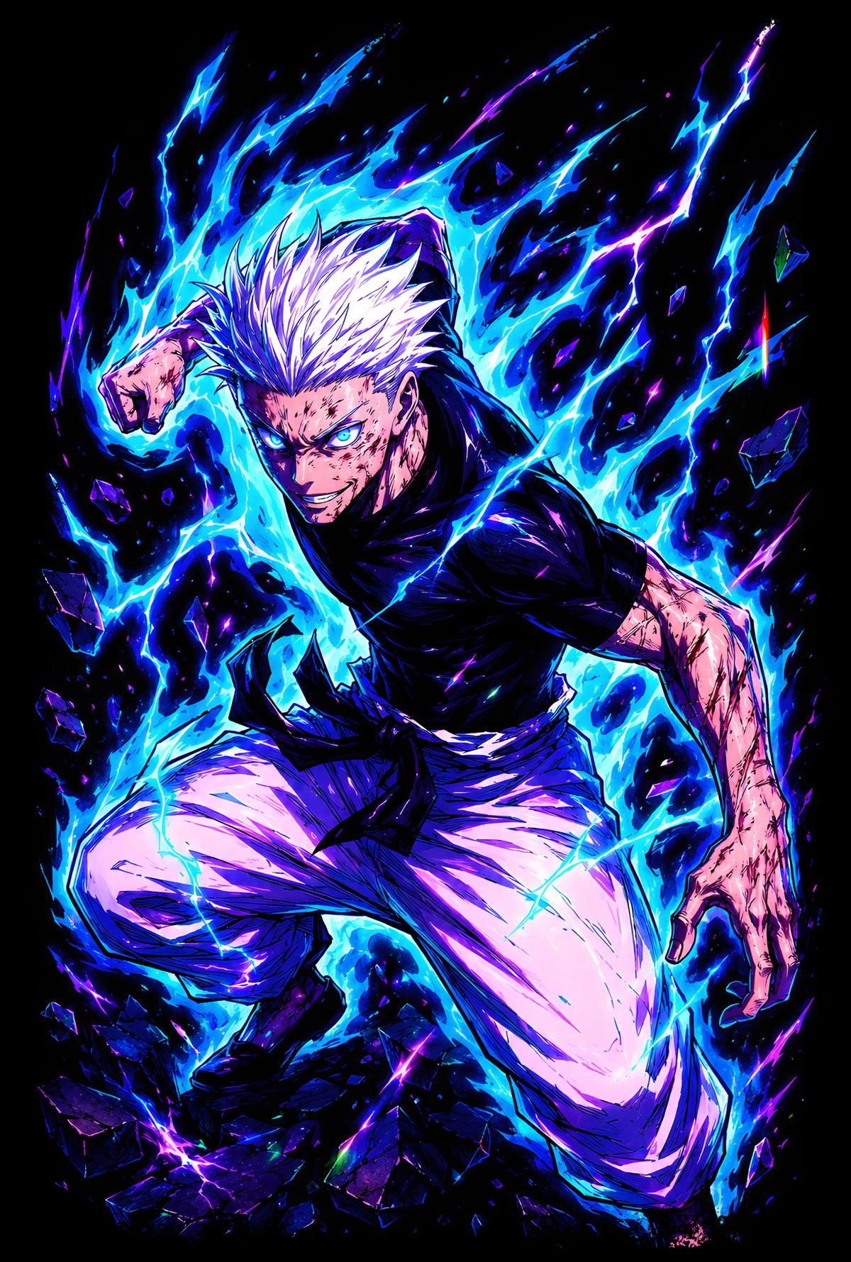 White-Haired Anime Fighter with Blue Lightning - Halftone DTF transfer - Prints best on darks